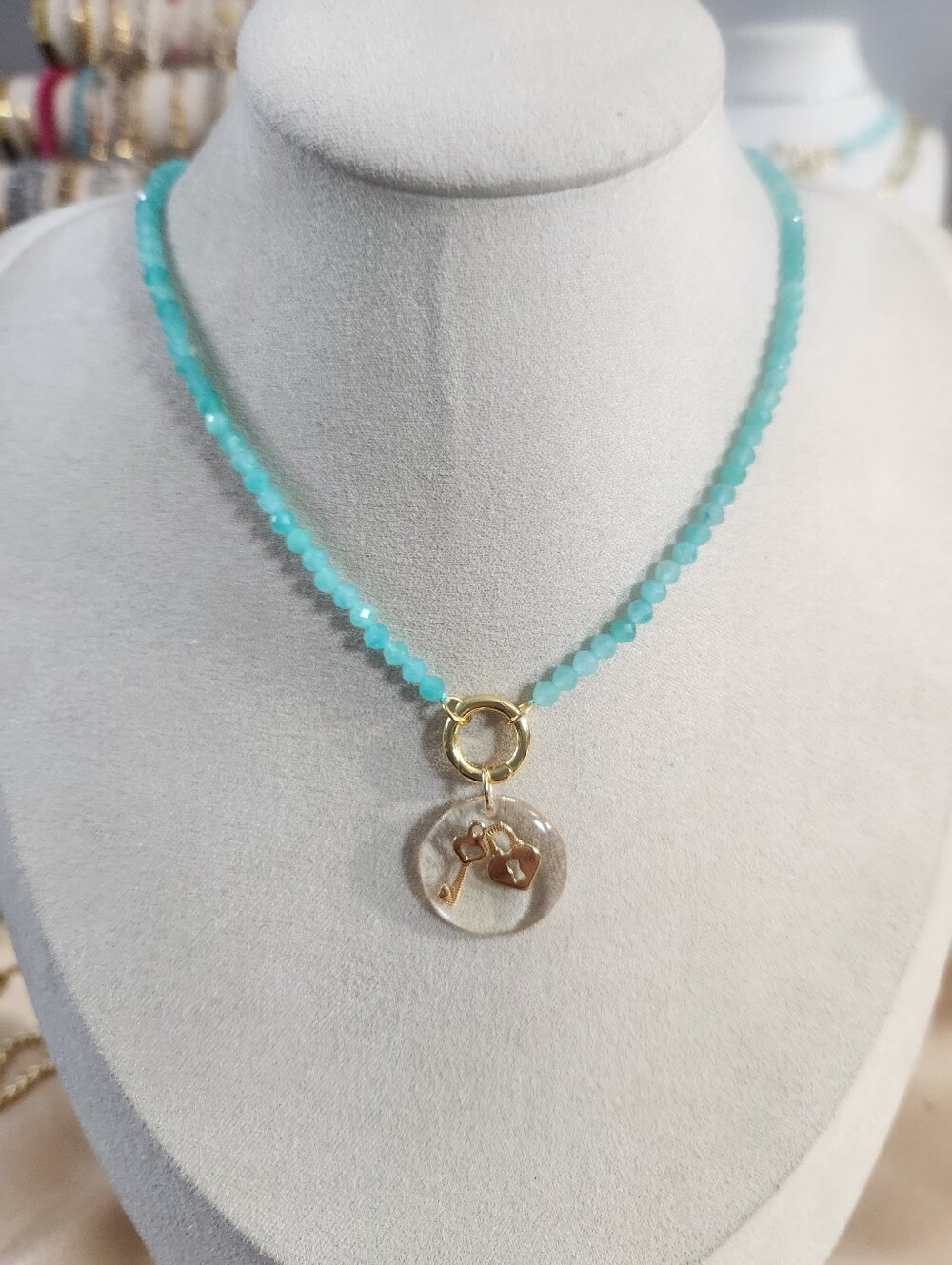 Faceted Charm Holder Lock And Key Charm Necklace